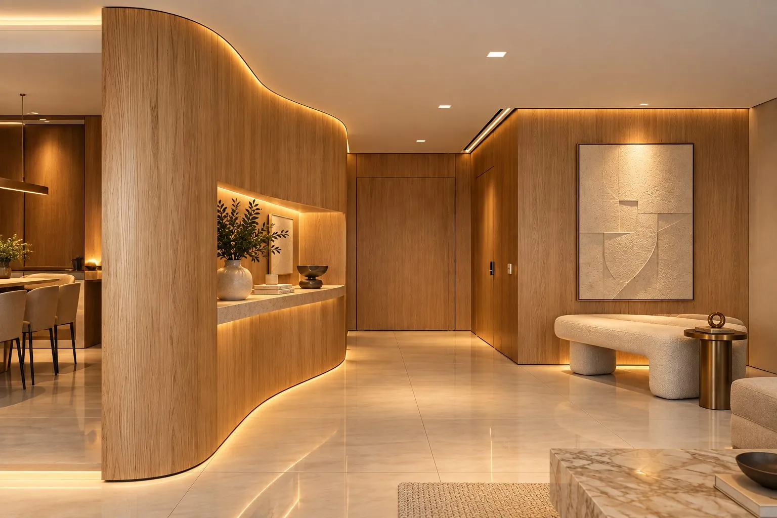 Hall com painel curvo em madeira sob medida | Progetto Mobiliamo