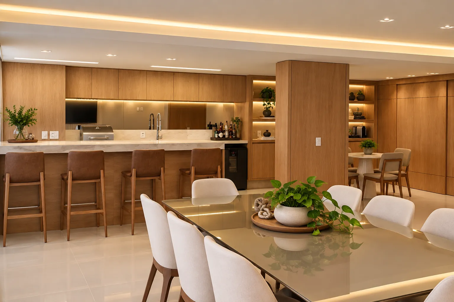 Área gourmet em madeira com bancada em pedra sob medida | Progetto Mobiliamo