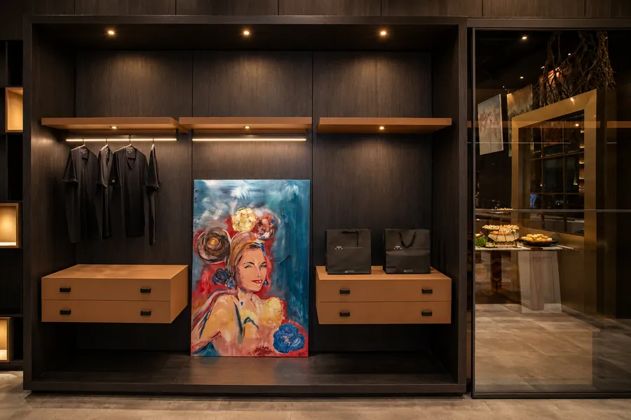 Closet em lâmina natural Nero e couro natural caramelo: materiais nobres em um contraste elegante e acolhedor | Progetto Mobiliamo
