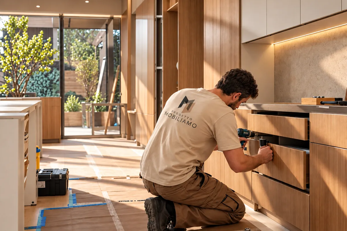 Equipe de montagem instalando marcenaria sob medida | Progetto Mobiliamo